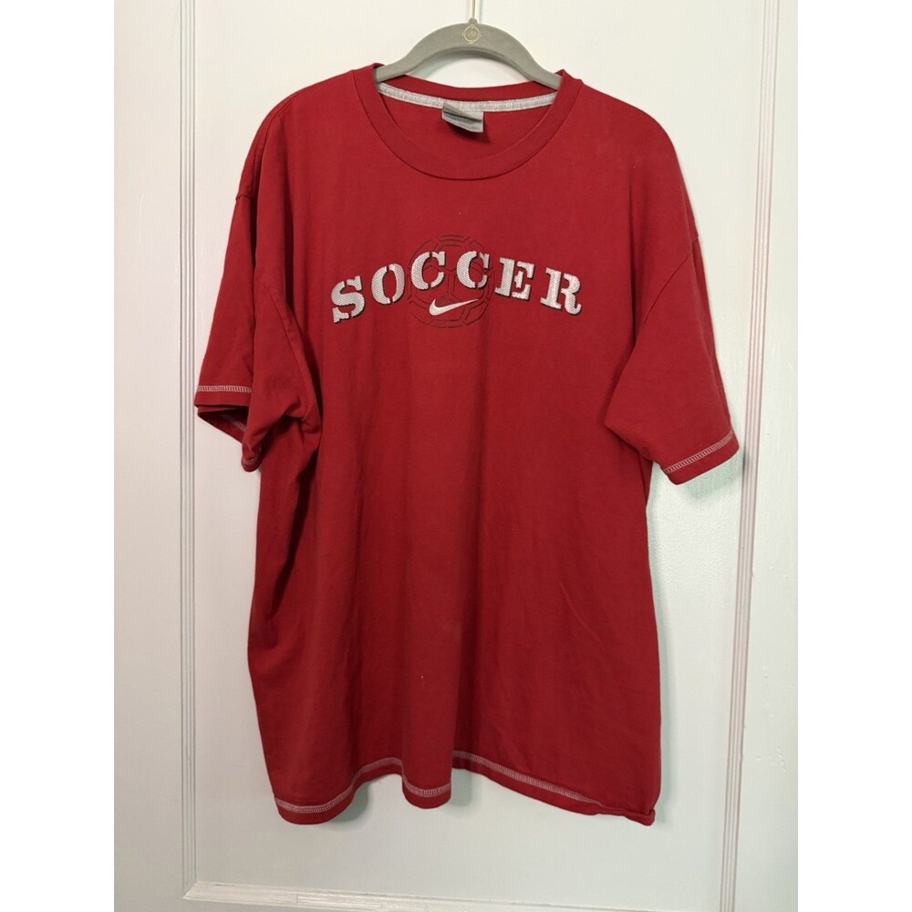 Vintage Nike Soccer T Shirt XXL Red Y2K Embroidered Graphic Swoosh Cotton Tee